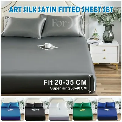 1800TC 3PCS Silk Satin PillowCase Fitted Sheet Set Single Double Queen King Bed • $29.99