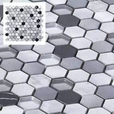 White Calacatta Black Marble Gray Glass Metal 1  Hexagon Mosaic Tile Backsplash • $3.99