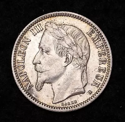 1867 France (2nd Empire) Napoleon III. Nice Silver 1 Franc Coin. Lustre AU++ • £3.41