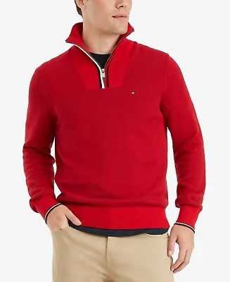 Tommy Hilfiger Red XL Cotton Ribbed 1/4 Zip Trim Pullover Sweater XL • $22.60