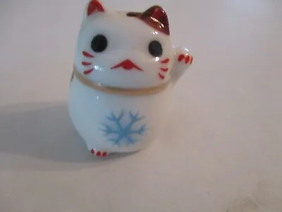Japanese Lucky Charm  Cat White WAVING  Maneki Neko  Blue  SNOWFLAKE Figurine • $11.69