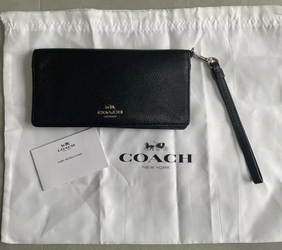 £25 • Buy Coach Pebbled Leather Ladies Wallet Purse Strap Black