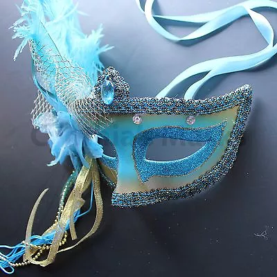 Aqua Blue Venetian Masquerade Mask W/Ostrich Feathers Party Prom Halloween  • $6.99