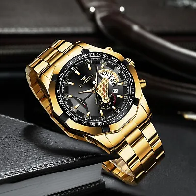 Gold Men's Watch Classic Stainless Steel Quartz Waterproof Business Wristwatch • $13.45