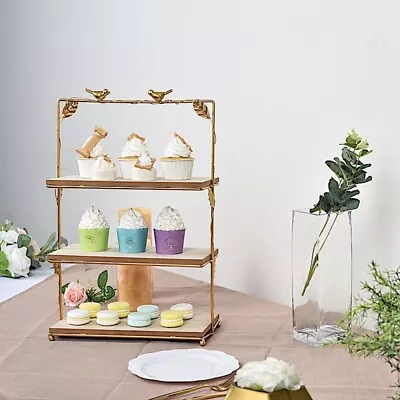 Gold 19  Metal Natural Wood 3 Tier Dessert STAND CUPCAKE HOLDER Party Supplies • $46.26