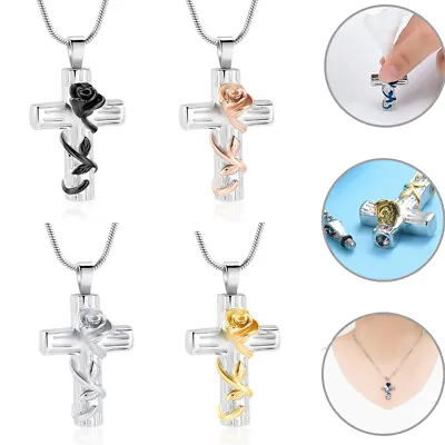 Rose Cross Cremation Jewelry For Ashes Urn Necklace Lockets For Human Ashes Pet • $14.48