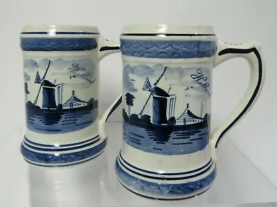 $20 • Buy Delft Blaun Hand Painted Steins Mugs Made In Holland Blue White Set Of 2