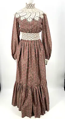 Vintage Prairie Dress Burgundy Floral M Maxi Long Sleeve Crochet Victorian • $224