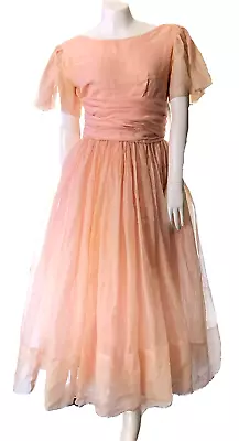 Vtg 1950s Bridal Party Dress Sheer Pink Tulle Slip Cocktail Lgth XS Dress B TLC • $39.95