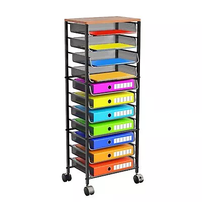 12 Tier Rolling File CartWood Desk File Organizer With Sliding Trays And Wet... • $72.03