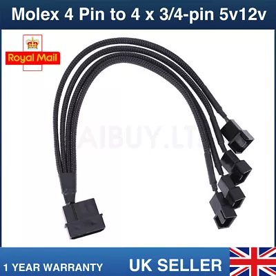 Molex 4 Pin To 4 X 3/4-pin 5v12v Usb Sleeved Dual Fan Power Adapter Cable 30cm • £4.99