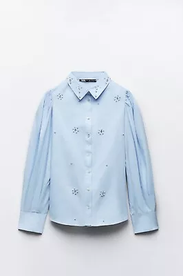 ZARA NWT WOMAN SKY BLUE JEWEL SHIRT WITH PEARL BEADS REF:1971/174 Size S  • $55.90