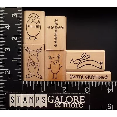 A Muse Rubber Stamps SET 6 EASTER GREETINGS CROSS BUNNY CHICK CRACKED EGG #810 • $15.99