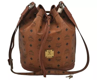 Authentic MCM Visetos Leather Vintage Shoulder Drawstring Bag Purse Brown 0840J • $61