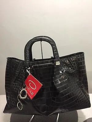 Oscar De La Renta Croc Embossed Leather Large Satchel Tote Black Handbag $ 450 • $399.99