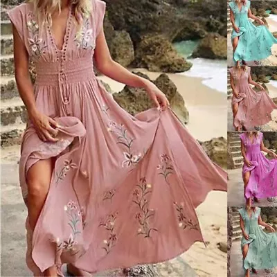 BOHO UK Womens Beach Maxi Dress V Neck Tunic Holiday Floral Long Dress Plus Size • £13.09