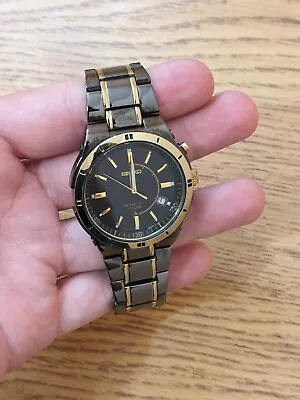 VINTAGE SEIKO Kinetic 100M 5M62-0BJ0 Men's Two Tone Gold Black Dial Watch • $194