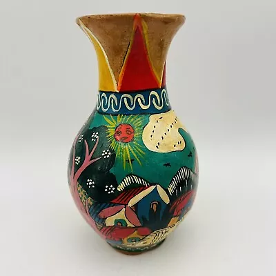 Vintage Mexico Hand Painted Terracotta Vase Folk Art Pottery • $14.99