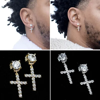 Cross Earrings Zircon Ear Stud Stainless Steel Band Men Women Ear  * • £2.82