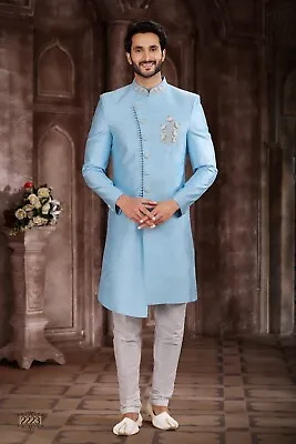 Sherwani Wedding Indian Kurta Sky Blue Silk Men's Clothing Traditional Pajama • $100.79