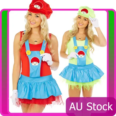 Womens Super Mario Costume Luigi Brothers Brother Plumber Fancy Dress 80s Party • $20.39