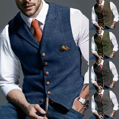 Men Retro Tweed Waistcoat Wool Blend Formal Plaid Herringbone Suit Vest Slim # # • $20.30