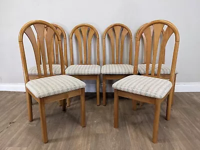 DINING CHAIRS Set Of 6 Solid Oak Arched Back Side Chairs Padded Fabric Seats • £139