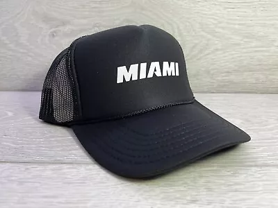 New Miami Script Black Cap Hat 5 Panel High Crown Trucker Snapback • $24.95