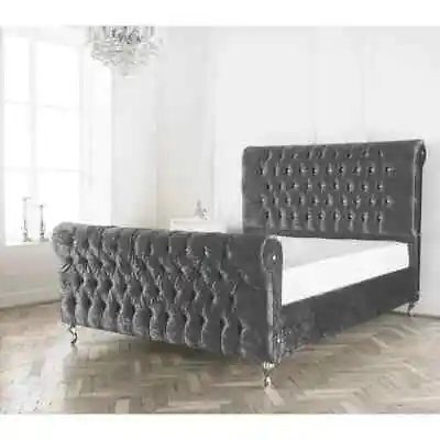 New Stylish Sleigh Chesterfield Upholstered Designer Crushed Velvet Bed Frame Uk • £249