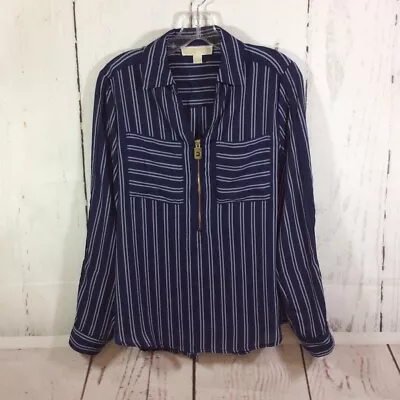 Michael Kors Casual Blouse Womens M Blue Striped 1/4 Zip Roll Tab Sleeve Pockets • $16.16