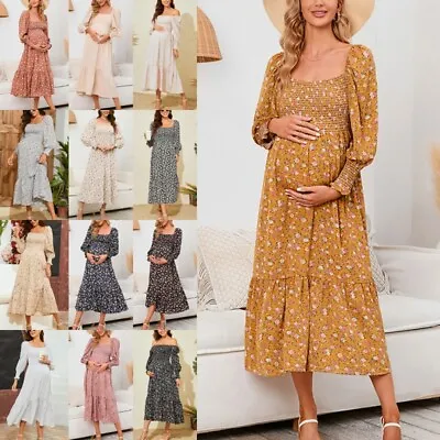 Ladies Maternity Dress Square Neck Midi Casual Long Sleeve Photoshoot Baggy • £32.27