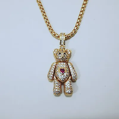 24ct Gold Layered Movable Teddy Bear Pendant Cubic Zirconia Chain 45cm 24k • £49.99