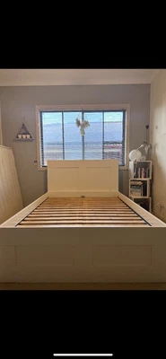 $100 • Buy Ikea Brimnes White Timber Double Bed Frame With Bed Head And Drawers