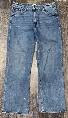 H&M Wide Leg Baggy Jeans Size 14 Women's Medium Wash Distressed High Waisted • $16.99