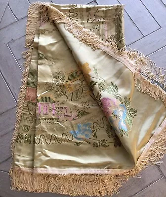 VTG- Brocaded Flowers -Gold-Chinese Silk-Fringed-Tapestry-Piano Drape-Tablecloth • $68.50