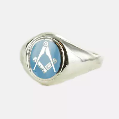 Silver Oval Head With Light Blue Enamel Square & Compass Masonic Ring-Fixed Head • £187.20