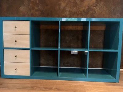 $20 • Buy Ikea Kallax Blue/Teal Used Condition 2 X 4 Cube Shelf W/ Four Drawers