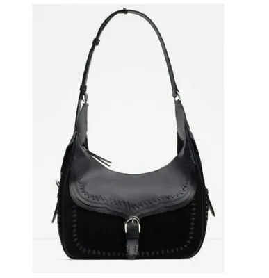 ZARA WOMAN Black Leather Suede Shoulder Hobo Bag • $75