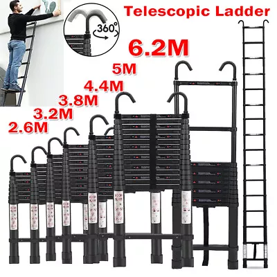 2.6-6.2M Aluminium Telescopic Step Ladder Multi-Purpose Extendable Loft +Hooks • £135.97