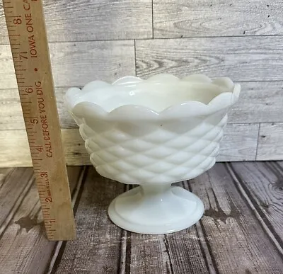 Vintage White  Milk Glass Pedestal Scalloped Compote / Fruit - Diamond Pattern • $5