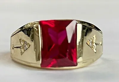 3CT Emerald Cut Lab-Created Red Ruby Diamond Men's Ring 14K Yellow Gold Plated • $118.99