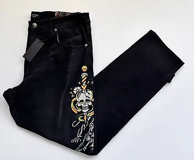 Ed Hardy Men’s Jeans Denim Black Embroidered Skull Snake Panther 38 X 32 🐍 💀 • $44.99