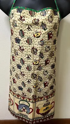 HANDMADE BIB APRON -Women’s - Christmas Teapots Border Pockets. Cotton NWOT • $14