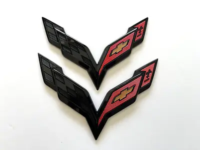 For 2014-2019 Corvette C7 Gloss Black Front & Rear Set Cross Flags Emblem • $28.75