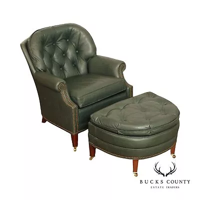 Ethan Allen Tufted Green Leather Club Chair With Ottoman • $1295