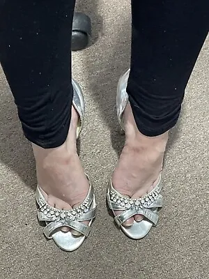 Ladies Used Silver Sandals With Gems UK Size 7 • £10