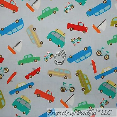 BonEful FABRIC FQ Cotton Quilt Gray Blue Red White Boy Baby Truck Car Boat Bike • $5.13