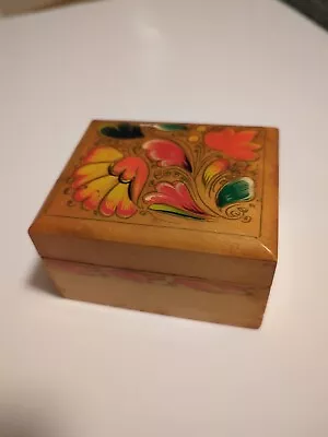 Vintage 1970s Lacquered Wood Trinket Box Colorful Floral Artwork • $16