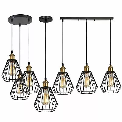 3 Head Light Industrial Pendant Wire Cage Shade Diamond Cage Black Hanging • £16.48