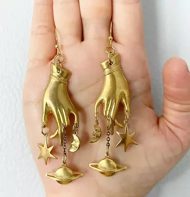 $3.10 • Buy Hand Star Moon Earrings Long Drop Celestial Moon Star Earrings Gothic Earrings